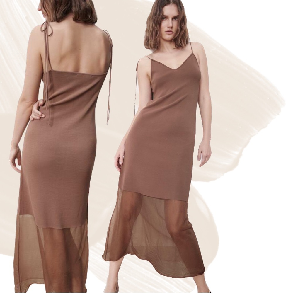 Tan Midi Dress with Sheer Overlay